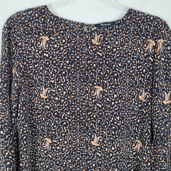Madewell Silk Blouse 3/4 Bell Sleeve Peplum Patterned Black Multicolor Size L - Picture 3 of 11